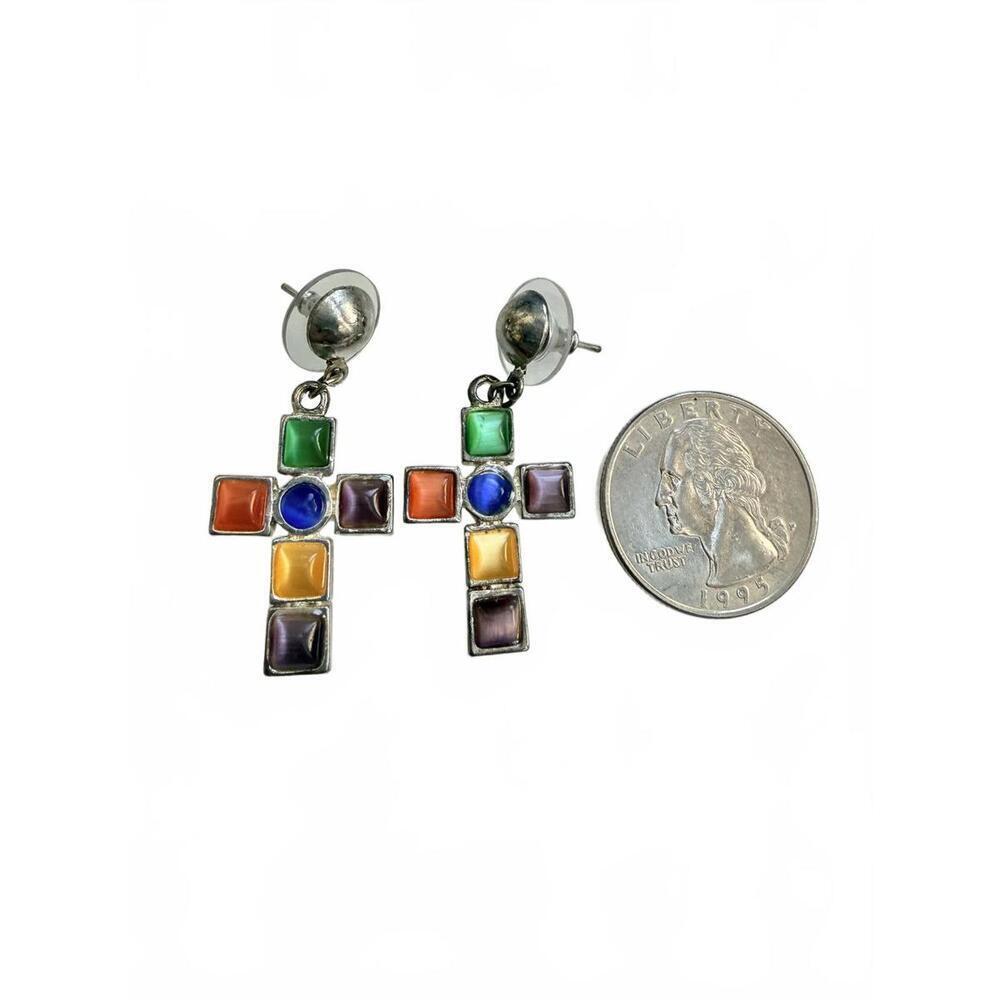 Vintage Multicolor Glass Cross Dangle Earrings | Silver Tone - Picture 4 of 5